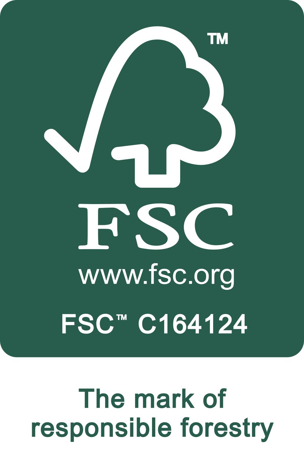 FSC logo with a stylised tree and the text “The mark of responsible forestry”