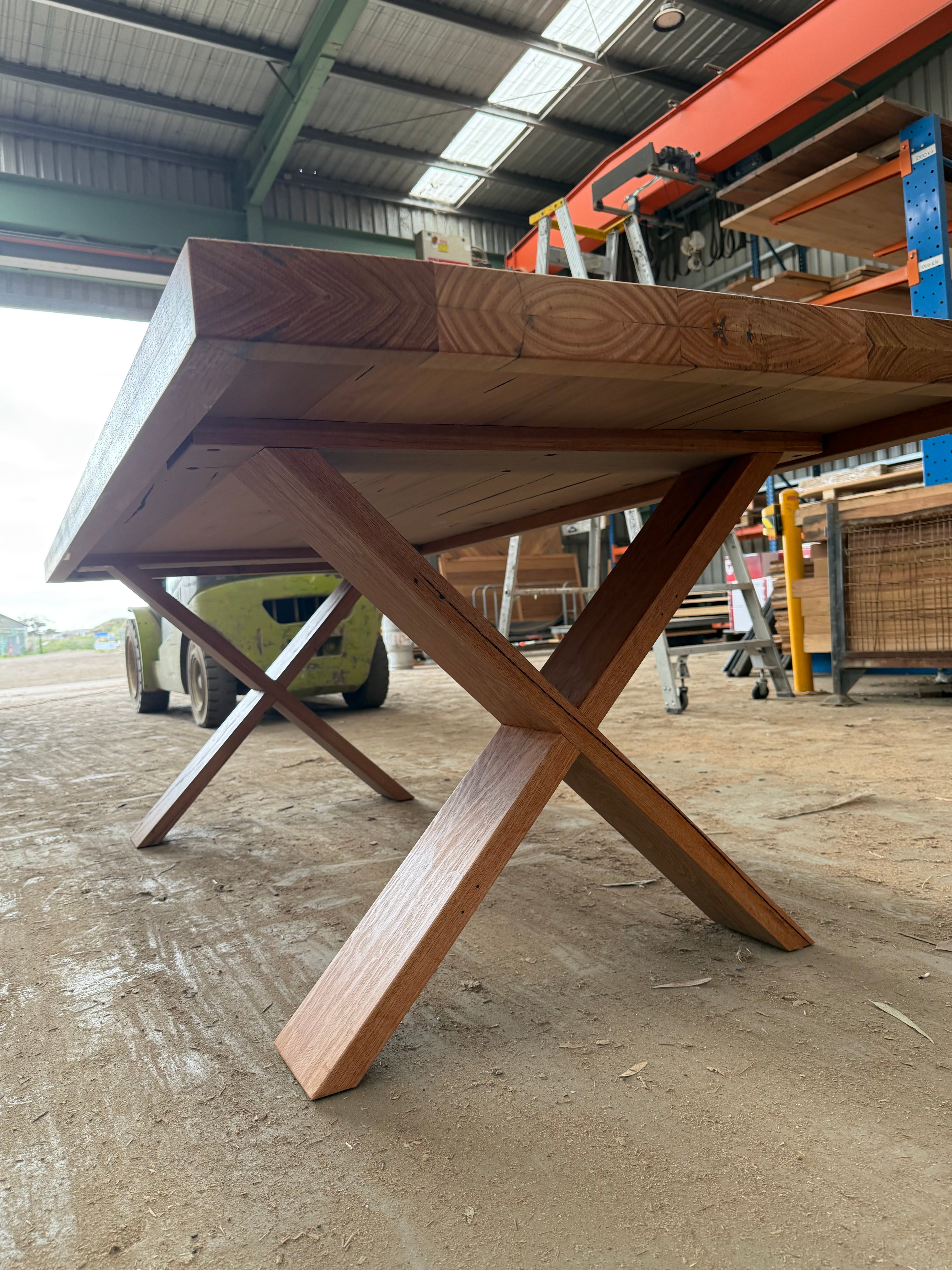 Bellanie recycled messmate dining table crafted from recycled timber with cross-leg base and natural wood grain finish