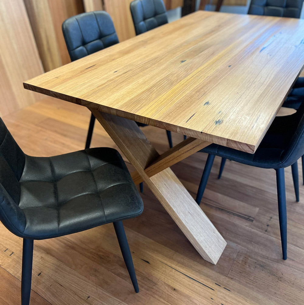 Handmade Torquay recycled Messmate dining table showcasing natural timber grain – side view
